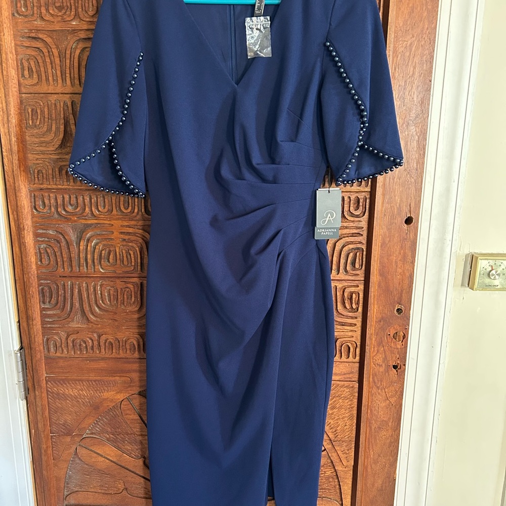 Adrianna Papell Navy Midi Dress with Beaded Sleeves